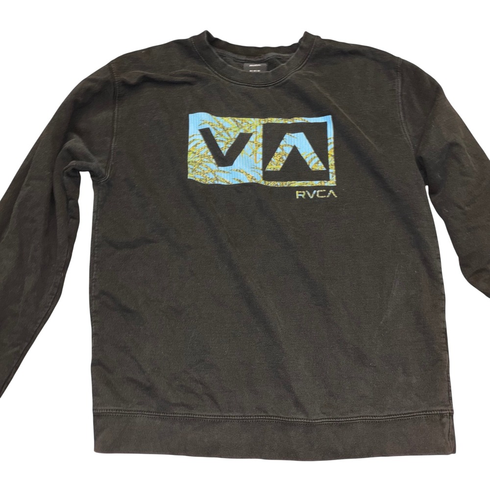 RVCA Mens Medium Crewneck Sweatshirt Black Graphic VA Logo Palm Leaf Pullover‎